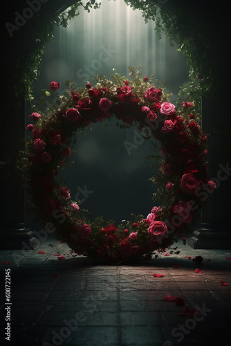 Circular flower arch floating in the air, Full of red roses and green leaves, moccha studio background, photo