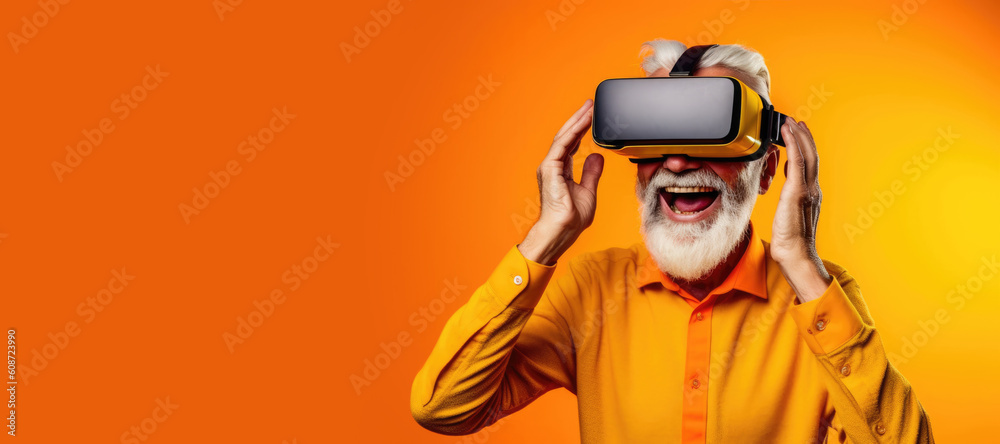 Elderly person laughing wearing colorful clothes and a modern and sleek virtual reality headset. Generative AI Elderly person laughing wearing colorful clothes and a modern and sleek virtual reality headset. Generative AI