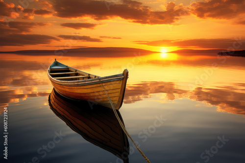 boat and amazing sunset at the sea on background