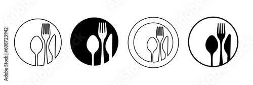 Sign with fork, knife, spoon and plate. Silhouette of cutlery. Set of fork, knife, spoon. Logotype menu. Set in flat style. Vector stock.