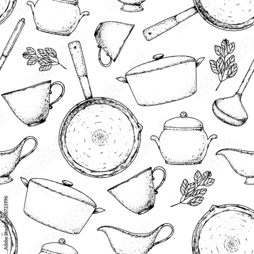 Kitchenware seamless pattern. Menu design background. Hand drawn sketch. Stewpot, stewpan, cup, frying pan, creamer, ladle, sugar bowl