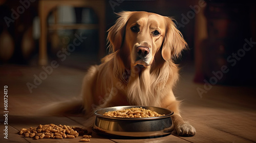 Domestic life with pet. Feeding hungry dog. The owner gives his dog a bowl of granules. Generative AI