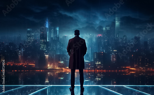 With the city lights as his backdrop, a businessman takes a moment to admire the urban landscape, finding inspiration and motivation in the dynamic atmosphere of the night. generative AI.