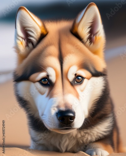 Beach Bliss  Captivating Cute Puppy Basking in Coastal Serenity - High-Quality Photo Of an Adorable Husky Generative Ai