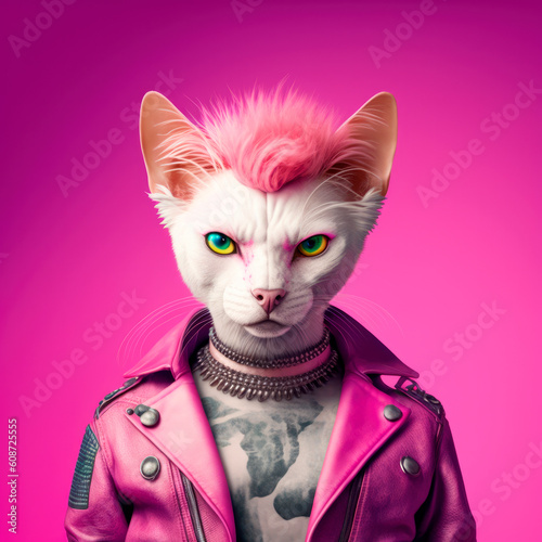 Rebellious Sphynx Cat: Furious Pink-Rock Leather Jacket, Pink Hair. Generative Ai