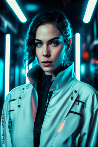 Elegant Woman in Leather Jacket, Illuminated by Futuristic Blue LED Lights. Generative Ai