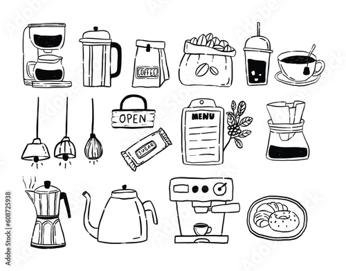 Set Collection Hand drawn Coffee Shop Equipment Tools Illustration vector