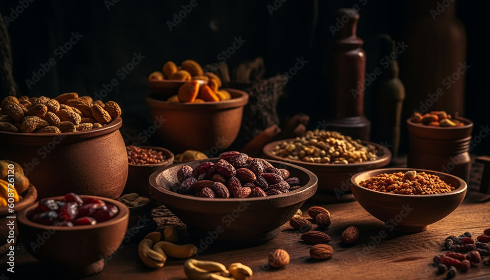 A rustic bowl of organic fruit and nuts on wood generated by AI A rustic bowl of organic fruit and nuts on wood generated by AI
