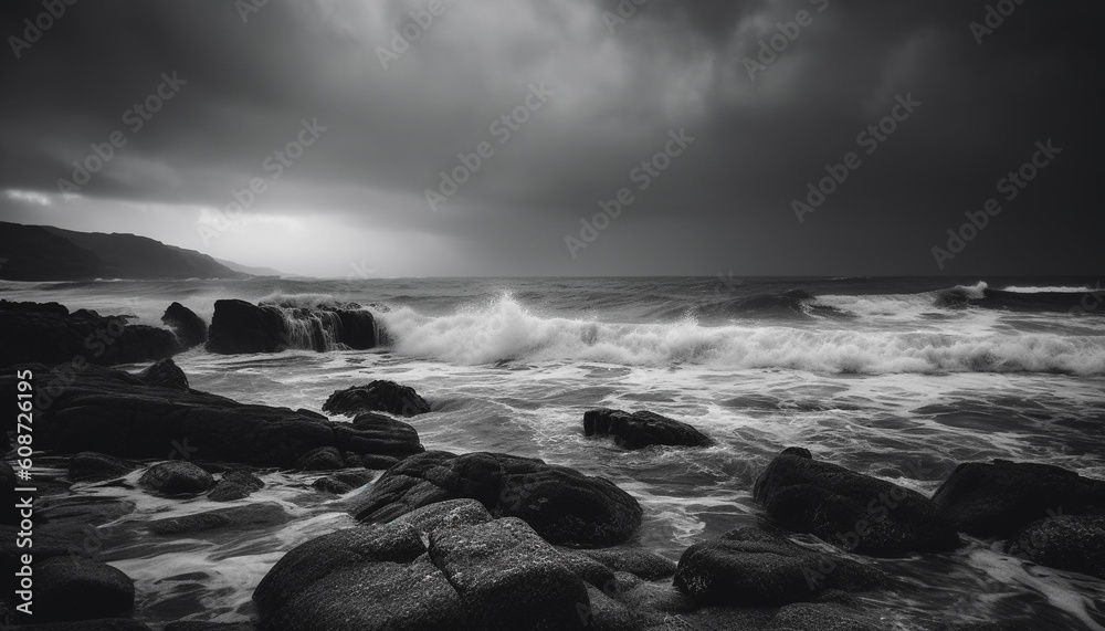 Dramatic sky and breaking waves at waters edge, monochrome beauty generated by AI