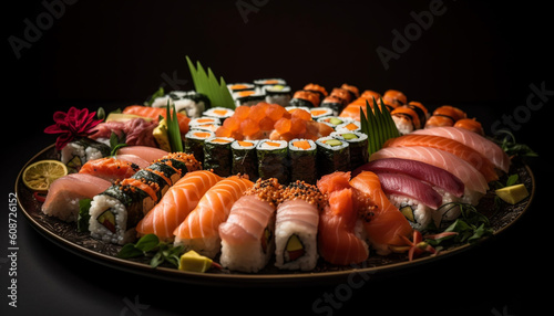 Fresh seafood meal: nigiri, sashimi, maki sushi, with ginger and wasabi generated by AI
