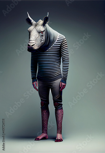 Rhinoceros-Headed Man: Elegance and Mystery in a Blue-Grey Studio Setting | Generative AI