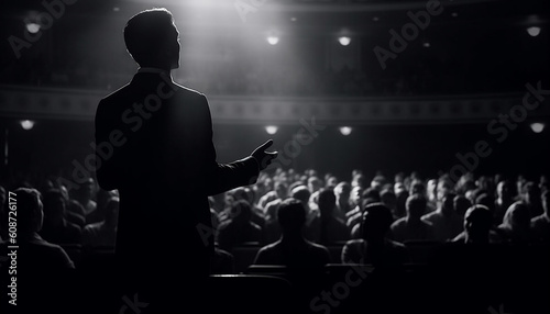 A businessman presents to a crowd in a backlit auditorium generated by AI