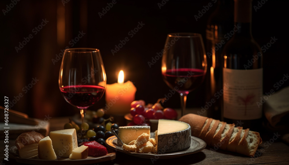A gourmet meal with wine, cheese, bread, and fruit generated by AI