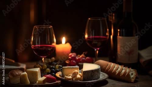 A gourmet meal with wine, cheese, bread, and fruit generated by AI