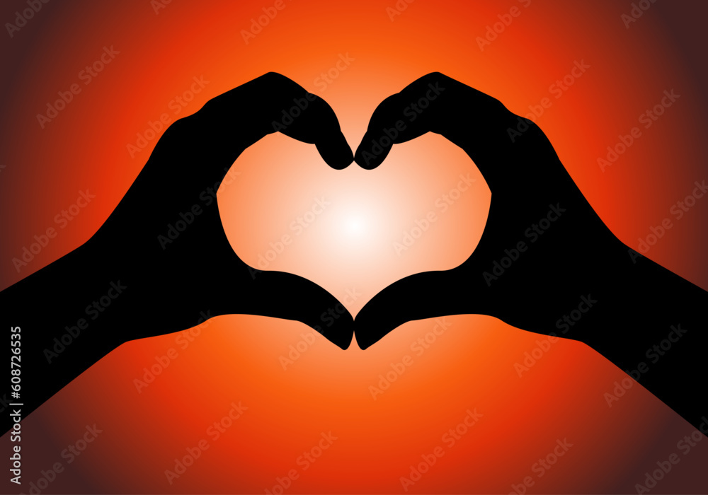 Manos haciendo la forma del corazón. Amor. Emociones sobre fondo cálido en tonos blanco, rojo y negro