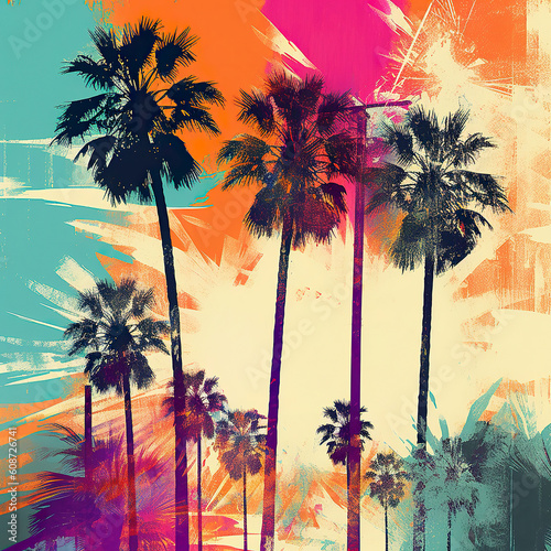 A painting of palm trees against a colorful sky. Generative AI.