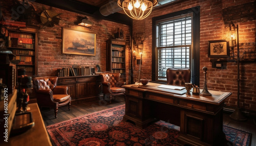 Modern luxury living room with elegant wood chair and bookshelf generated by AI