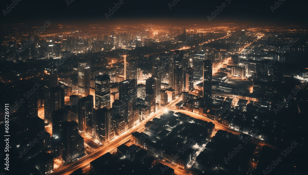Fototapeta premium City skyline glows with modern architecture, traffic and nightlife below generated by AI