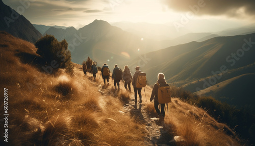 A group of men and women hiking a mountain trail generated by AI