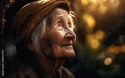 Portrait of a happy old woman at sunset. Generative AI technology. © Aleksandr