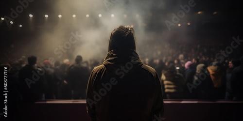 Rear view of a person watching a dynamic sporting event  the motion blur of a fans emphasizing the contagious energy of the crowd  concept of Emotive atmosphere  created with Generative AI technology