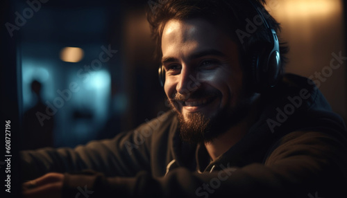 One handsome man, illuminated by nightclub lights, enjoying winter nightlife generated by AI