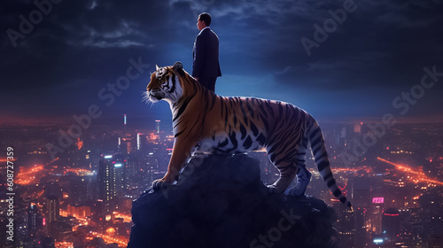A powerful image captures a business man and tiger on a skyscraper, embodying dominance and ambition against the vibrant city backdrop. generative AI.