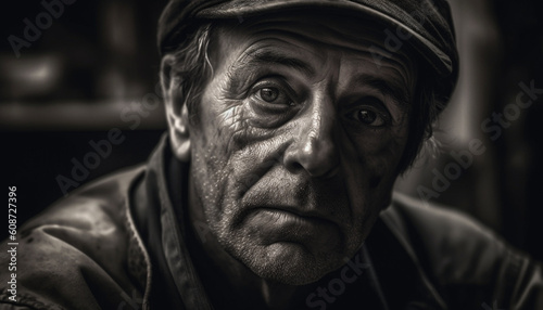 Sadness and loneliness etched on the face of an old man generated by AI © djvstock