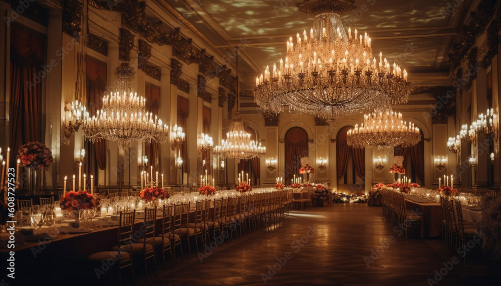 The elegant chandelier illuminated the luxurious wedding ceremony indoors generated by AI
