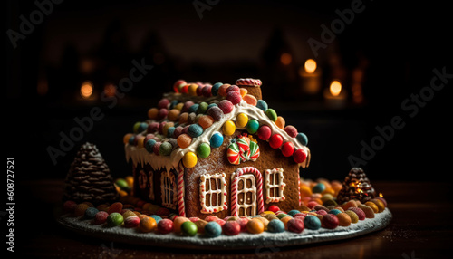 Indulgent gingerbread house decorated with gourmet sweets and illuminated candles generated by AI