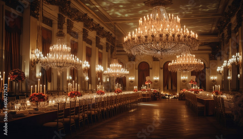 The elegant chandelier illuminated the luxurious wedding ceremony indoors generated by AI © djvstock