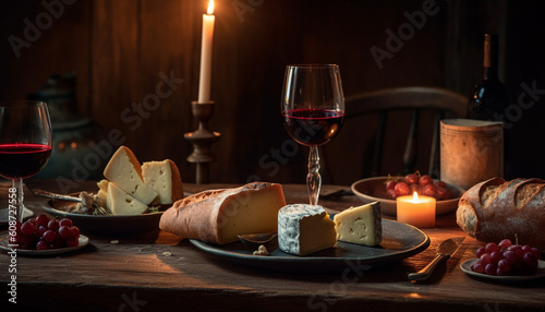 A gourmet meal with wine, cheese, and bread on wood generated by AI