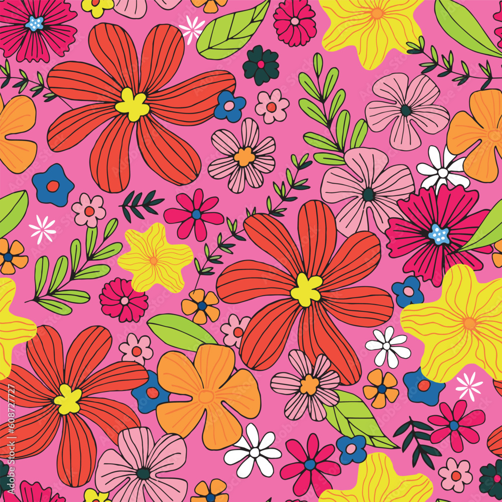 Pink bright Wildflowers and Daisies seamless vector pattern. Floral vector pattern with leaves.