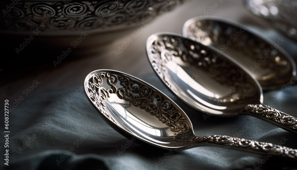 An antique silver teaspoon, a shiny still life decoration generated by AI An antique silver teaspoon, a shiny still life decoration generated by AI