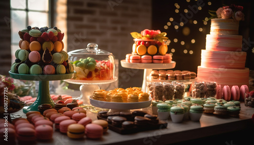 A gourmet dessert buffet with multi colored macaroons and cheesecake generated by AI