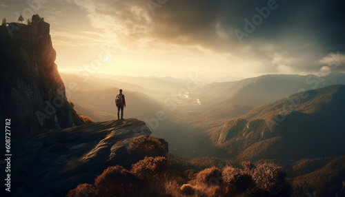 Standing on mountain peak, one person achieves adventure and success generated by AI © djvstock