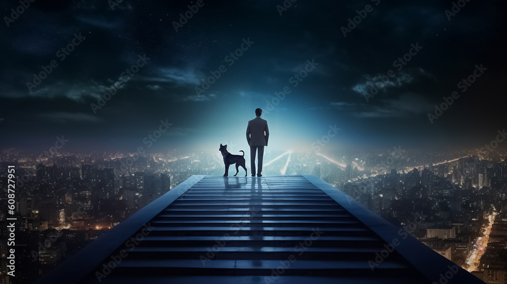A dynamic duo, a confident businessman and his loyal canine companion, stand side by side on the rooftop of a towering building and face up to the night city. generative AI.