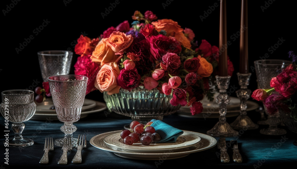 Elegant vase arrangement of fresh flowers and wine for celebration generated by AI