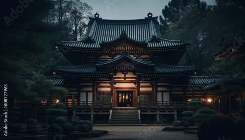 The ancient pagoda illuminates the dark autumn night in Seoul generated by AI
