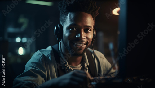 African American man enjoys nightlife with wireless headphones at nightclub generated by AI