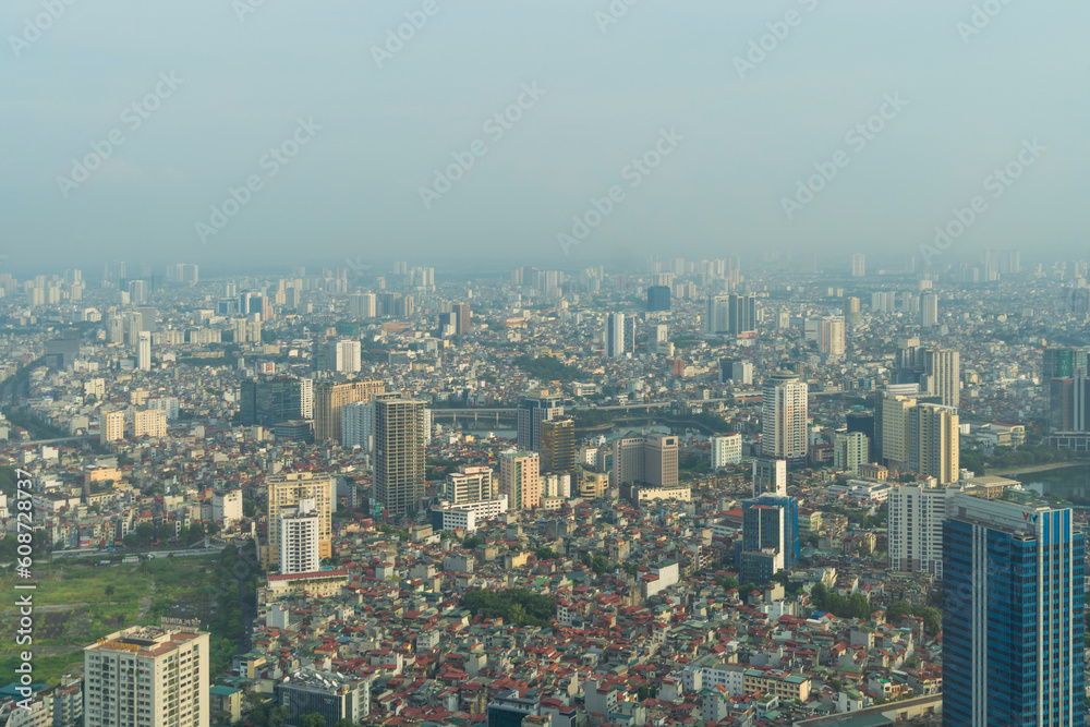 Aerial view of Hanoi Downtown Skyline, Vietnam. Financial district and business centers in smart urban city in Asia. Skyscraper and high-rise buildings.