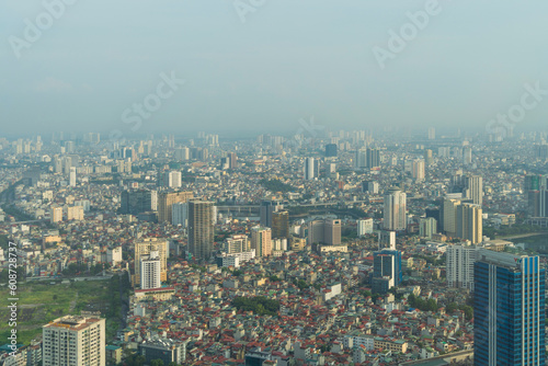 Aerial view of Hanoi Downtown Skyline, Vietnam. Financial district and business centers in smart urban city in Asia. Skyscraper and high-rise buildings.