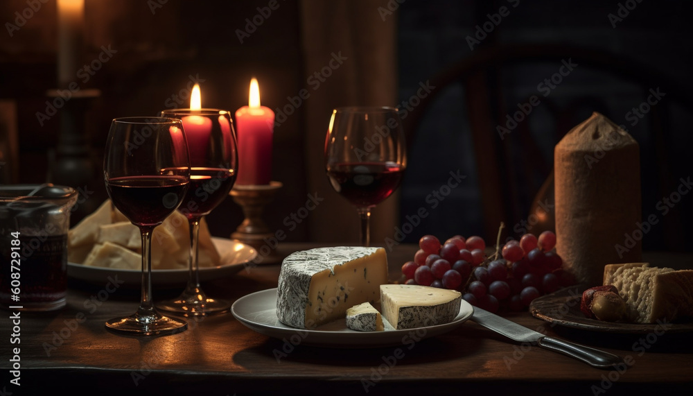 A gourmet meal with wine, cheese, and bread on table generated by AI