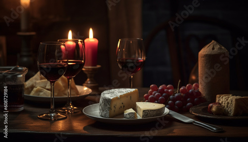 A gourmet meal with wine  cheese  and bread on table generated by AI