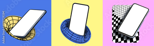 Smartphone frameless blank screen, rotated position. Smartphone from different angles. Phone against the background of surreal geometric shapes. Modern template for infographics or presentation