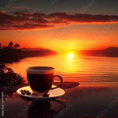 cup of coffee sea sunset Generative Al