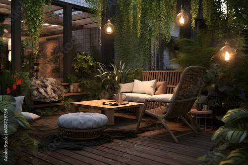 Terrace design, comfortable seating, warm lighting, and lush greenery, creating a welcoming and intimate atmosphere for relaxation and socializing, Generated AI