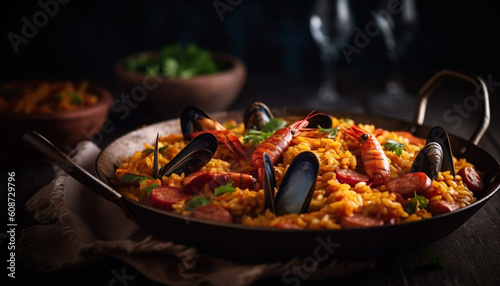 Fresh seafood paella with mussels  prawns  and saffron cooked gourmet generated by AI