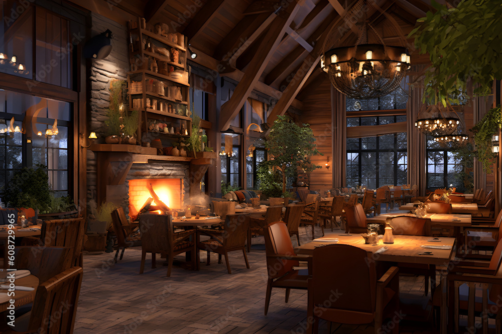 Rustic restaurant design, wooden accents, warm lighting, and a fireplace, Generated AI
