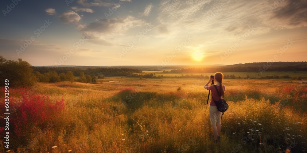Rear view of a photographer capturing the stunning beauty of a summer landscape, with vibrant colors and warm sunlight, concept of Perspective, created with Generative AI technology